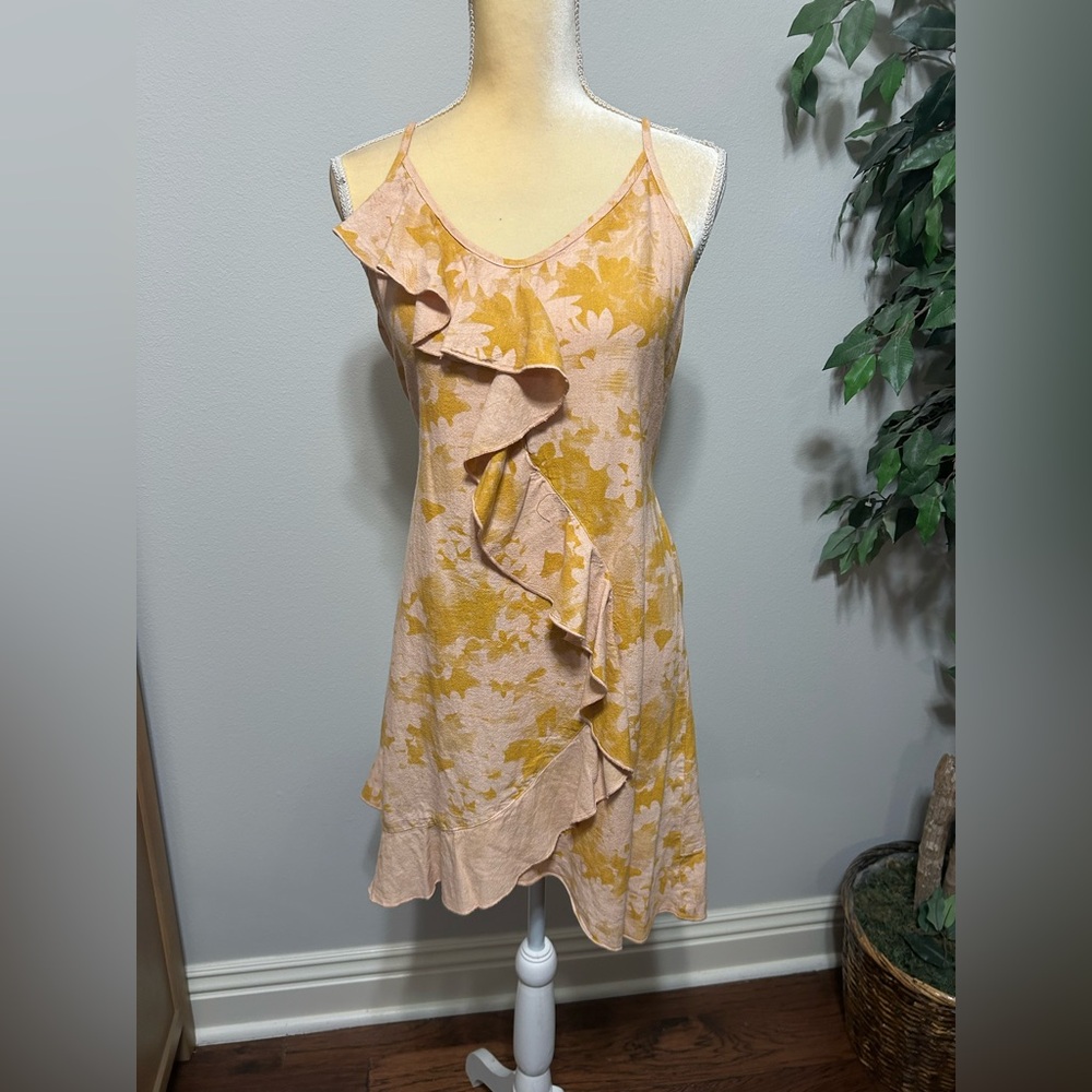 NWT Self Contrast Linen Blend Floral Ruffle Dress in Yellow and Pink Sz M